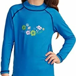Hot Sale ⭐ TSLA 👧 Girls Long Sleeve Rash Guard 👕 Shirt, UV/SPF Water Beach Surf Swim Top, UPF 50+ Sunscreen Swimwear 👕 Shirts Heart Aqua & Navy 🌟