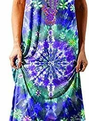 Deals 😀 LADIGASU Maxi 👗 Dresses For 👩 Women ☀️ Summer Casual Tie Dye Ethnic Party Beach 👗 Dress O-Neck Loose Sleeveless Tank Long 👗 Dress Yellow 🎉